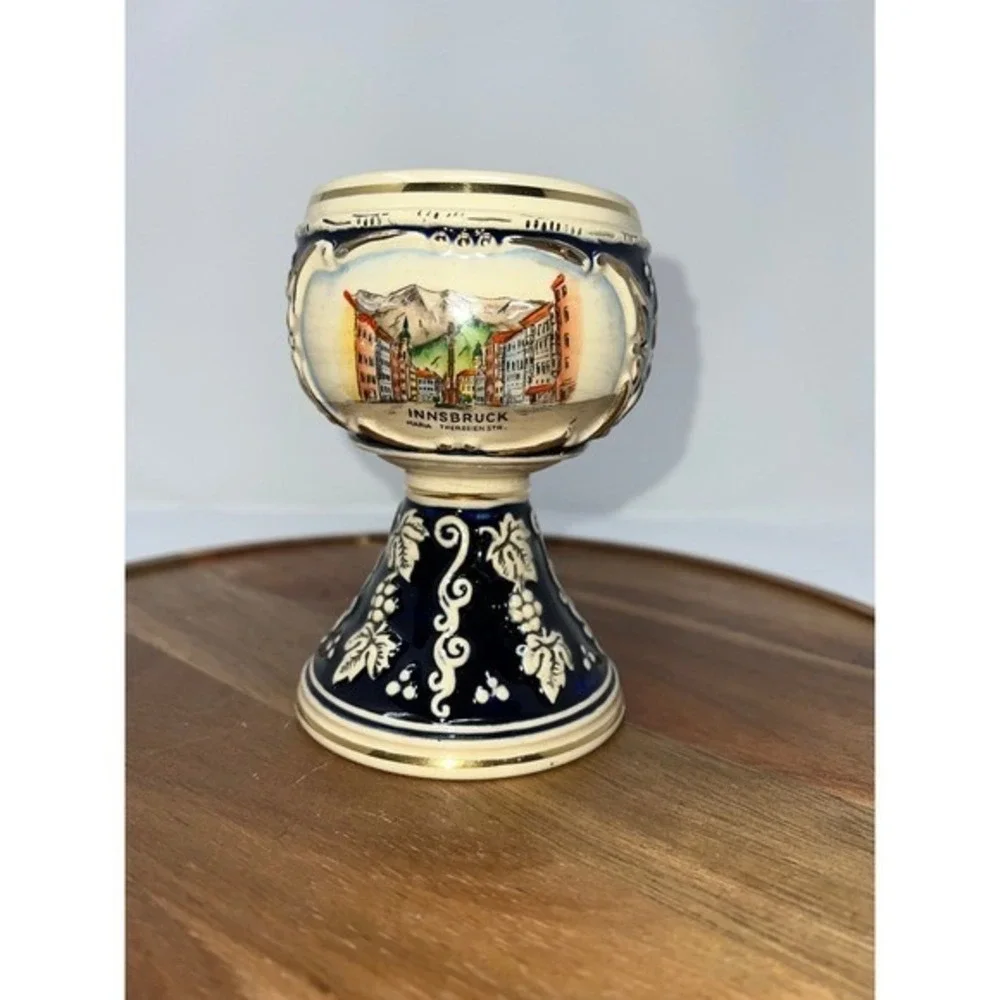 Vintage Innsbruck Ceramic Goblet Souvenir Wine‎ Cup with Grape Vine Motif